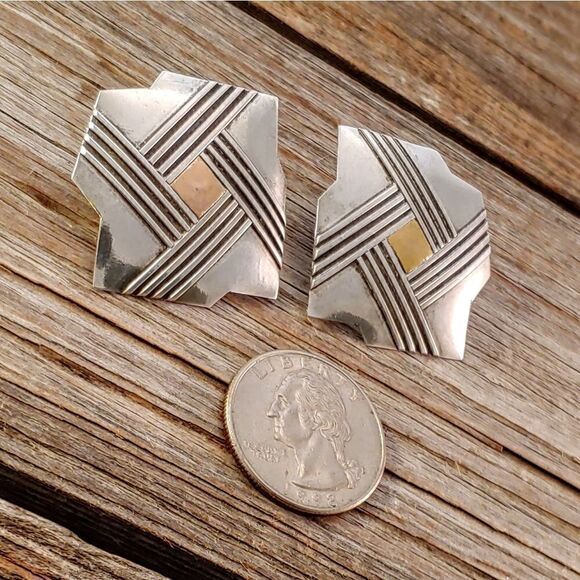 Vintage Sterling Geometric Lines Large Earrings - Picture 4 of 7